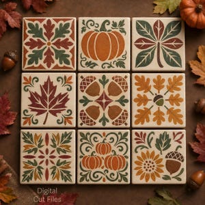 May include: A set of nine square tiles arranged in a grid, each featuring autumn-themed designs including pumpkins, acorns, maple leaves, and sunflowers in shades of orange, brown, green, and cream, with the text Digital Files in the corner.
