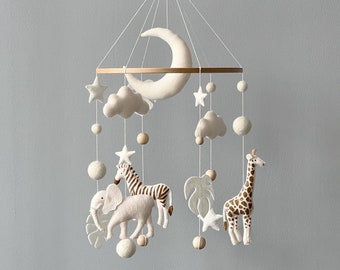 White baby mobile neutral animals Africa nursery mobile felt Africa safari giraffe, lion, zebra and elephant. Crib mobile moon, clouds mobil