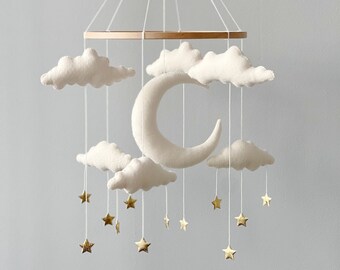 Cloud Baby Mobile - Baby Girl and Boy Mobile - Rain Cloud Baby Crib Mobile - White Gold Mobile for Nursery - Gender Neutral Nursery Mobile