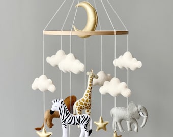 Baby mobile neutral animals Africa  nursery mobile felt  Africa safari giraffe, lion, zebra and elephant. Crib mobile moon and clouds mobile