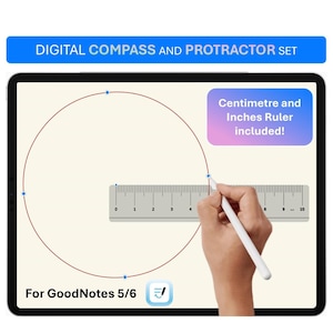Może przedstawiać: Zestaw cyfrowego kompasu i kątomierza do GoodNotes 5/6. Zawiera linijkę, papier milimetrowy A4 i schematy obwodów elektrycznych. Obraz przedstawia rękę używającą rysika do rysowania koła na ekranie tabletu.