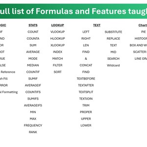 May include: A green chart listing formulas and features taught in a spreadsheet program. The chart is divided into five columns: Logic, Stats, Lookup, Text, and Charts. Each column lists various formulas and features related to that category.