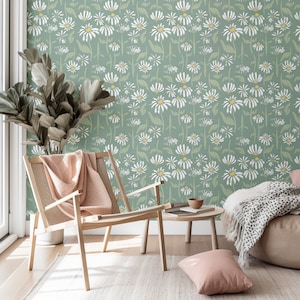 Boho Daisy Soft Green Wallpaper, Peel & Stick