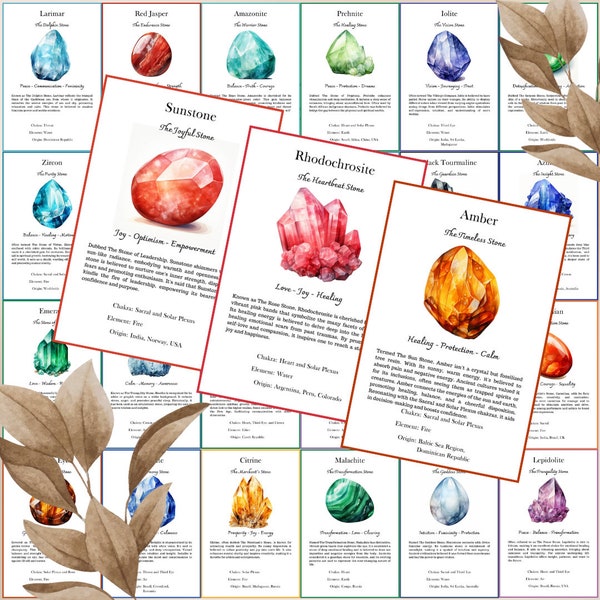 50 Crystal Meaning Cards, Digital Crystal Cards Watercolor Drawn, Printable Gemstone Meaning Cards, Crystal Cards with Meaning of Stones