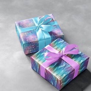May include: Two gift boxes wrapped in colorful patterned paper with blue and purple ribbons. The boxes are on a gray background.