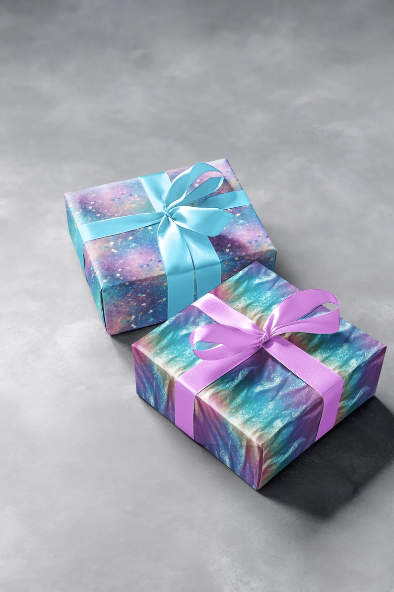 May include: Two gift boxes wrapped in colorful patterned paper with blue and purple ribbons. The boxes are on a gray background.