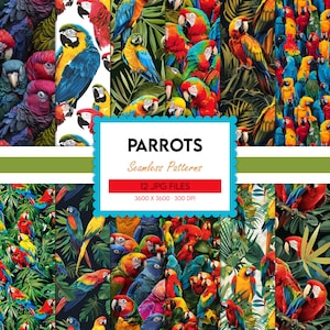 Papel digital de loros, patrón sin costuras de pájaros, estampados tropicales, fondo colorido, ilustraciones de la selva, álbum de recortes, scrapbooking