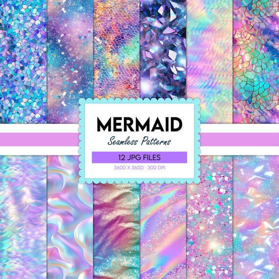 Mermaid digital paper, unicorn seamless patterns, holographic prints, glitter background, pearl illustration, scrapbook