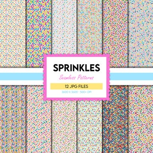 Könnte beinhalten: Zwölf nahtlose Muster aus bunten Streuseln auf weißem Hintergrund. Die Muster sind in einem Raster angeordnet, mit einem rosa Banner am unteren Rand, auf dem "SPRINKLES Seamless Patterns 12 JPG FILES 3600 X 3600 - 500+ DPI" steht.