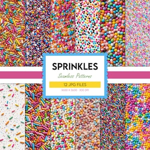 Könnte beinhalten: Ein Set mit 12 digitalen nahtlosen Mustern mit verschiedenen bunten Streuseln, darunter runde, sternförmige und herzförmige Formen. Die Muster sind perfekt, um jedem Designprojekt eine lustige und festliche Note zu verleihen.