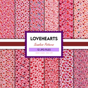 Lovehearts digital paper, hearts seamless pattern, valentines prints, love background, red and pink illustration, scrapbook, scrapbooking