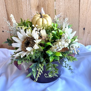 Neutral Fall Centerpiece in Faux Copper Bucket | Autumn Table Decor | Rustic Fall Arrangement | Farmhouse Fall Floral