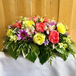 Memorial Headstone Saddle: Yellow, Pink & Purple Cemetery Flowers