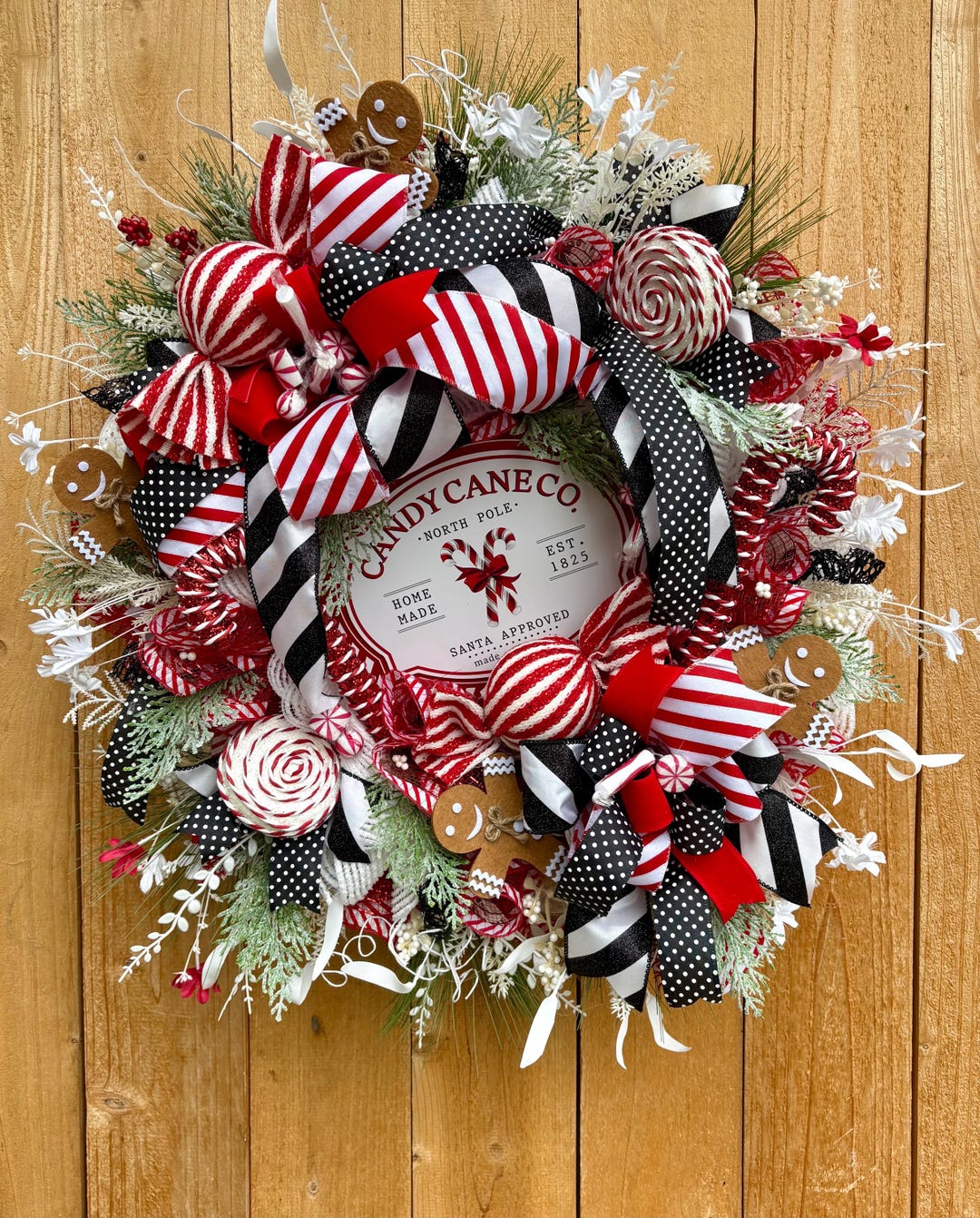Candy Cane Christmas Wreath, Gingerbread, Red White Black Decor - Etsy