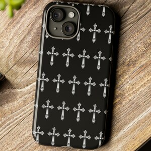 Christian Phone Case, Stylish Cross Pattern Hearts Cell Phone Cover for iPhone 15 14 13 12 11 Samsung Galaxy, Gifts for Her