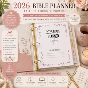 May include: A 2026 Bible planner digital download and printable set featuring a gold three-ring binder, pink cover, and internal pages with floral accents. The planner includes sections for daily reading, prayer, goals, and scripture tracking in US letter size.