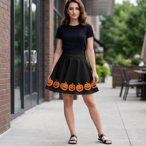 Halloween-Rock, Kürbisrock, Jack-o'-Lantern-Rock, Skaterrock, Herbstfest-Outfit, Gruselkostüm Bild 2
