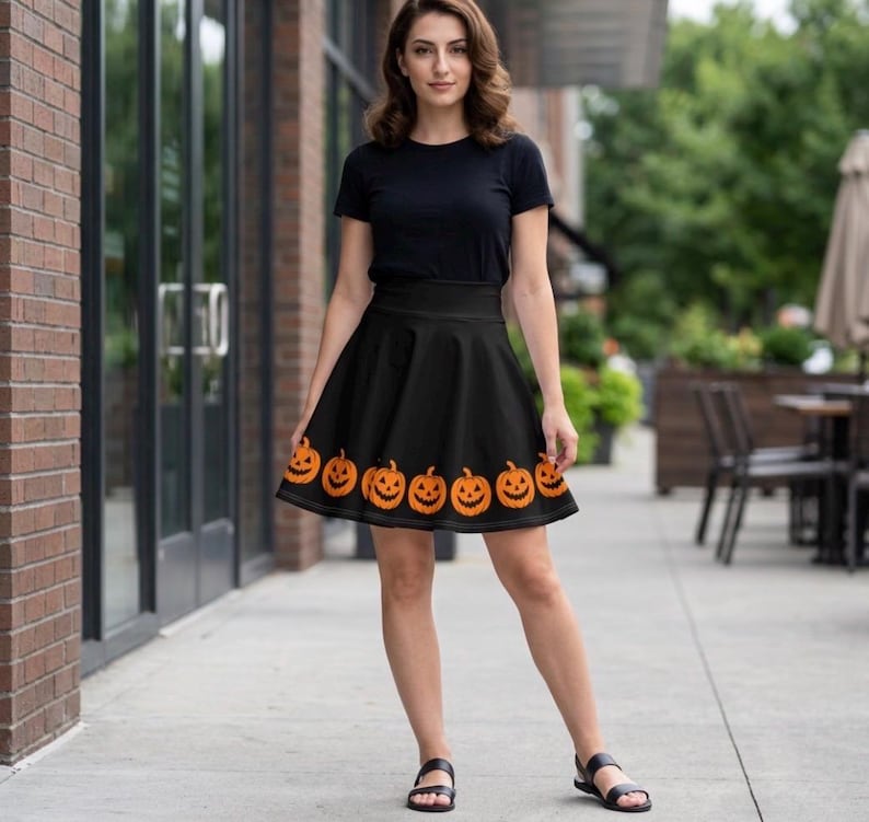 Halloween-Rock, Kürbisrock, Jack-o'-Lantern-Rock, Skaterrock, Herbstfest-Outfit, Gruselkostüm Bild 2