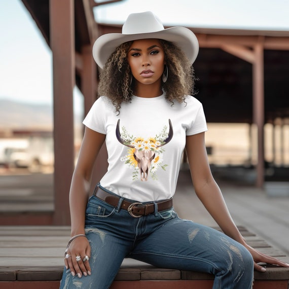 Women's Western Graphic Tee - Vintage Cowboy Bull Skull Short Sleeve Top - View #2