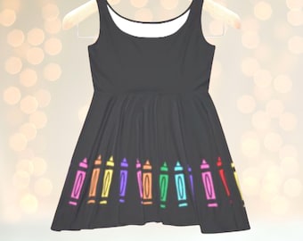 Crayon Teacher Dress Colorful Skater Dress for Women Back to School Teacher Outfit Cute Classroom Clothing Teacher Gifts for  Her Elementary