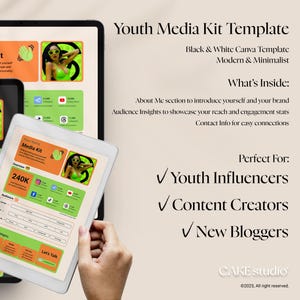May include: A digital media kit template displayed on tablets. The template features an orange and green color scheme with the text "Youth Media Kit Template". The template is designed for youth influencers, content creators, and new bloggers.