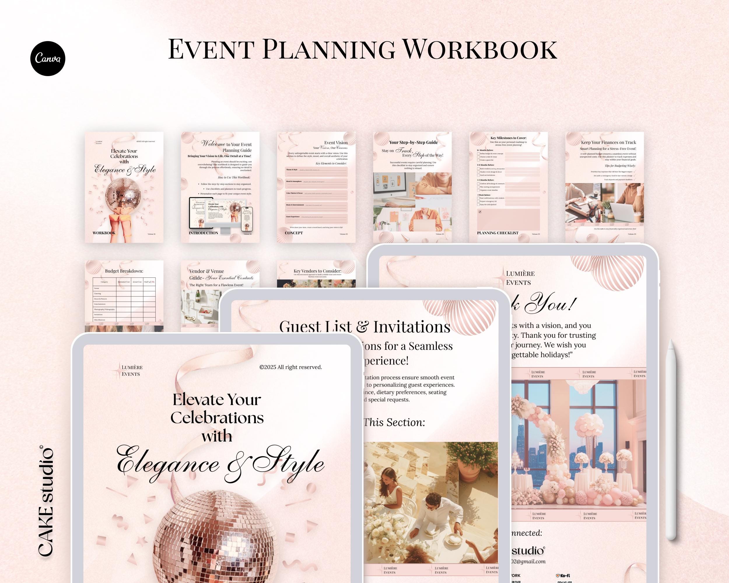 Event Planning Workbook. Editable Canva Template for Wedding & Party Organizers. Elegant Minimalist Guide