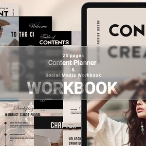 May include: A digital workbook with a black and white cover featuring the text "Content Planner & Social Media Workbook". The cover also includes a photo of a woman wearing sunglasses and a white shirt.