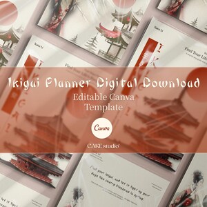 Può includere: Una collezione di modelli di pianificatori digitali a tema asiatico. Le copertine presentano illustrazioni di pagode giapponesi, fiori di ciliegio e un sole nascente. Il testo recita "Ikigai Planner Digital Download" e "Editable Canva Template."
