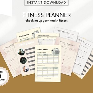 May include: A set of printable fitness planner templates. The templates include a fitness schedule, workout planner, and health journal. The templates are designed in a light pink and gray color scheme with a modern, minimalist aesthetic.