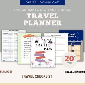 Könnte beinhalten: Ein digitaler Reiseplaner mit über 20 Seiten. Der Planer enthält Abschnitte für ein Reisebudget, eine Checkliste und einen Reiseplan. Das Cover zeigt eine farbenfrohe Illustration eines Straßenschilds mit Pfeilen, die in verschiedene Richtungen zeigen.