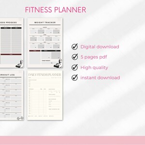 May include: A printable fitness planner with five pages, including a fitness progress tracker, weight tracker, workout log, and daily fitness planner. The planner is designed in black and white with a minimalist aesthetic.