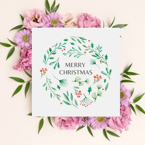 Tarjeta de Navidad, Saludos navideños, Flores festivas, Deseos de temporada, Tarjeta de felicitación, Diseño clásico, Mensaje alegre, Estilo tradicional