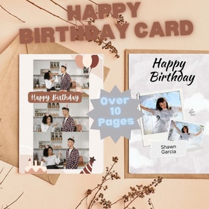 Peut inclure: Deux cartes d'anniversaire avec des designs différents. La première carte présente un couple dans un photomaton avec le texte "Happy Birthday". La deuxième carte présente une femme en robe blanche avec le texte "Happy Birthday" et "Shawn Garcia".