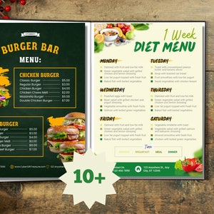Restaurantmenü, Präsentation von Speisen, Menüanzeige, Online- und persönliche Menüs, Food-Service, appetitliches Menü, köstliche Lebensmittelanzeige.