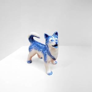 Miniature Siberian Husky Dog Ceramic Blue & White Figurine Animal Hand Painted Figurine Dog Action Figurine Gift For Dog Lovers