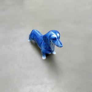 Blue & White Dachshund Miniature Ceramic Animal Puppy Dog Hand Painted Figurine Dog Action Figurine  For Dog Lovers