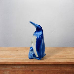 Blue & White Miniature Penguin with Baby Figurine Ceramic Hand-Painted Gift For Penguin Lovers Hand -painted Ceramic Penguin Figurine