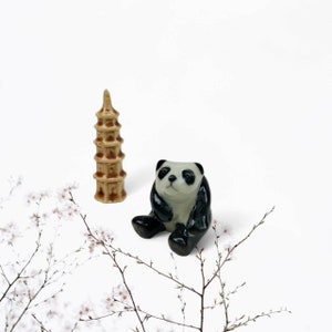Panda Bear Miniature Ceramic Porcelain Figurine Hand-Painted Collectible Decor With Pagoda Forest Animal Tiny Miniatures Fairy Garden