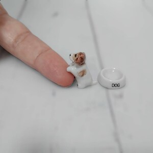 Dollhouse Miniature Ceramic Little Cute Dog With Bowl Figurine HandPaint Decor Gift For Her, Gift For Dog Lovers