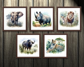 Wildlife Watercolor art South Digital Printable Home Decor Africa Big Five Digital Art Lion Rhino Eliphant Buffalo Leopard African art