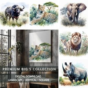 Big 5 African Wildlife Wall Art | Landscape, Portrait & Square Watercolor Prints | Digital Download for Lodge, Study, Living Room or Office
