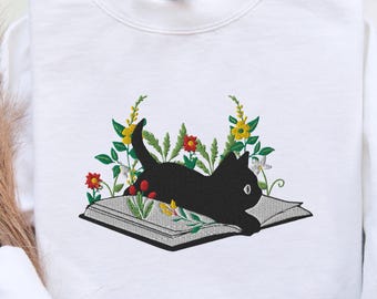 Embroidered Black Cat Sweatshirt, Floral Book Crewneck, Cottagecore Gift