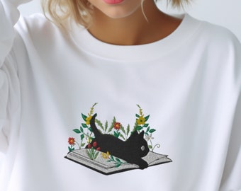 Embroidered Cat Book Sweatshirt Aesthetic Floral Book Cat Sweatshirt Cute Cat Laying on Book Cat Mom sweatshirt Flower Book Cat Embroidered