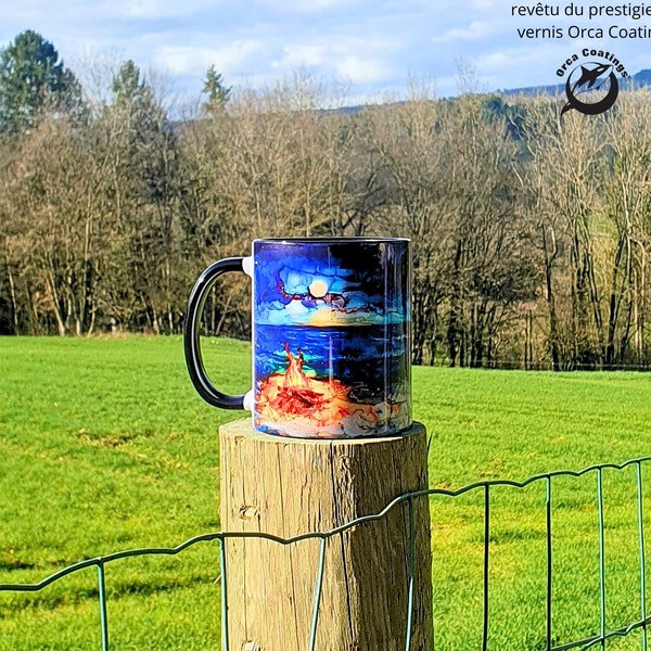 Mug Plage de Nuit avec pleine lune et feu de camp, idée cadeau, souvenir de plage, feu de bois au bord de l'eau