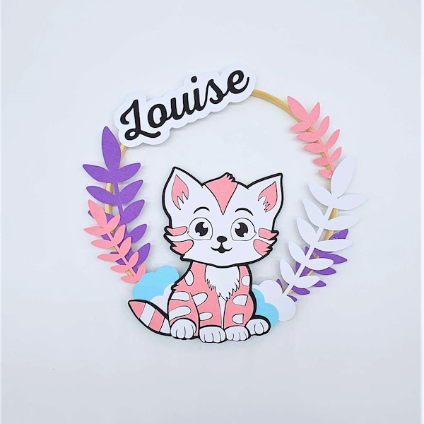 Cadeau de naissance avec prenom personnalisé, décoration murale de chambre bébé, chaton mignon rose