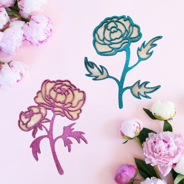 Set of 2 Sparkling Peonies - Wooden Flowers, Versatile Wall Decorations for Weddings, Birthdays and Gifts for Women