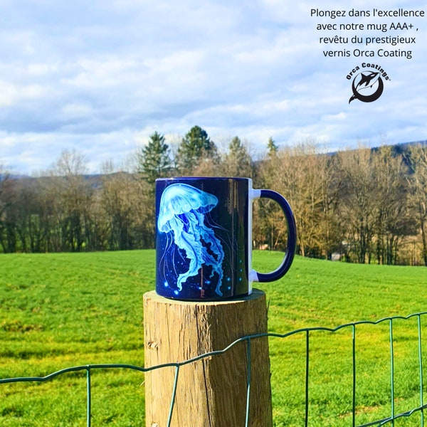 Tasse pour homme méduse bleu électrique, Cadeau jeune homme monde marin, Design élégant colbalt