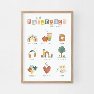 Könnte beinhalten: Ein farbenfrohes Poster mit dem Text "Meine Ruhepause ist wichtig" und Illustrationen von Aktivitäten wie Atmen, Essen, Lesen, Musik hören, Spielen, Spazieren gehen, Puzzle machen, Kuscheln und Malen.