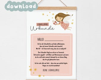 May include: A framed print with a light pink and white design. The print features text in German, a cartoon fairy, and star illustrations. The words "print@home" and "download" are also visible.