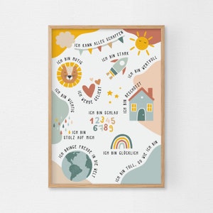 Könnte beinhalten: Ein farbenfrohes illustriertes Poster mit einer motivierenden Botschaft für Kinder. Das Poster zeigt einen Löwen, eine Rakete, ein Haus, einen Regenbogen, einen Globus und die Worte "Ich bin" (Ich bin) wiederholt mit verschiedenen positiven Eigenschaften auf Deutsch.
